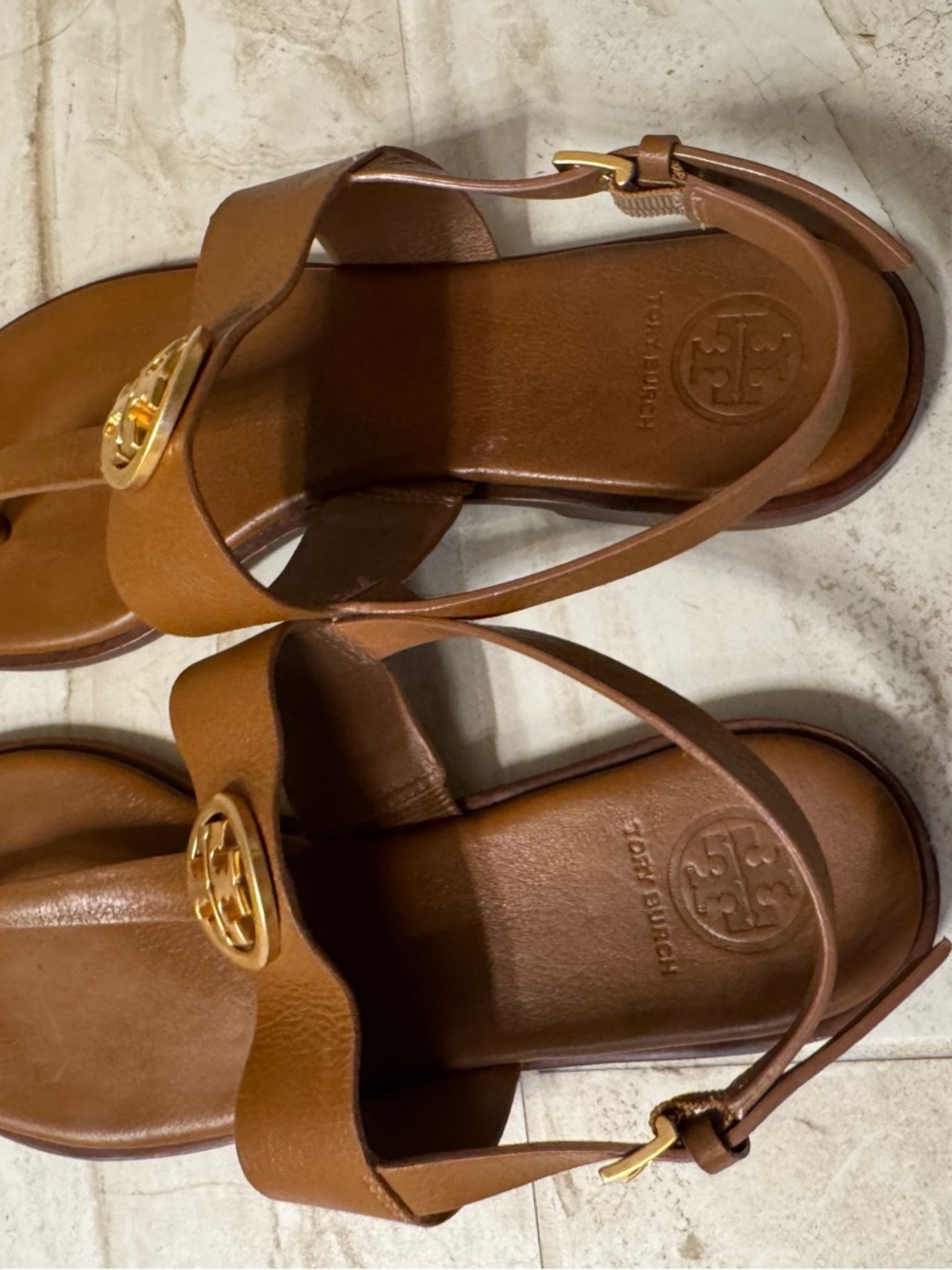 Tory Burch Chestnut Leather Logo Thong Sandals - Picture 3 of 5